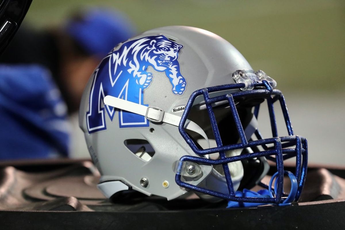 Oct 14, 2021; Memphis, Tennessee, USA; Memphis Tigers helmet during the second half against the Navy Midshipmen at Liberty Bowl Memorial Stadium. Mandatory Credit: Petre Thomas-Imagn Images