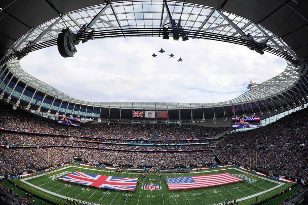 Oct 17, 2021; London, England, United Kingdom; A general overall view of F-15d Eagle fighter plane fly over during the playing of the British and the United States national anthems before an  NFL International Series game between the Miami Dolphins and the Jacksonville Jaguars at Tottenham Hotspur Stadium. Mandatory Credit: Kirby Lee-Imagn Images