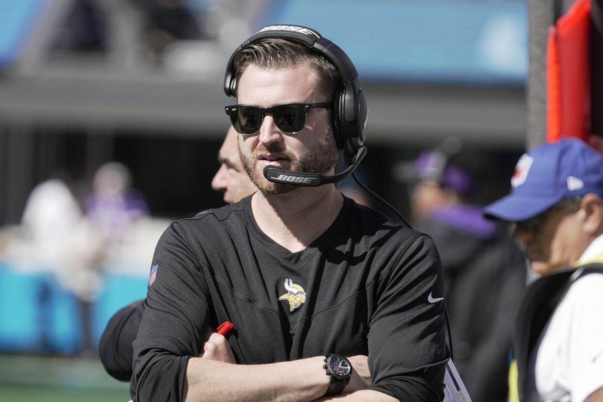 Oct 17, 2021; Charlotte, North Carolina, USA; Minnesota Vikings quarterbacks coach Andrew Janocko on the sidelines during the first quarter against the Carolina Panthers at Bank of America Stadium. Mandatory Credit: Jim Dedmon-Imagn Images