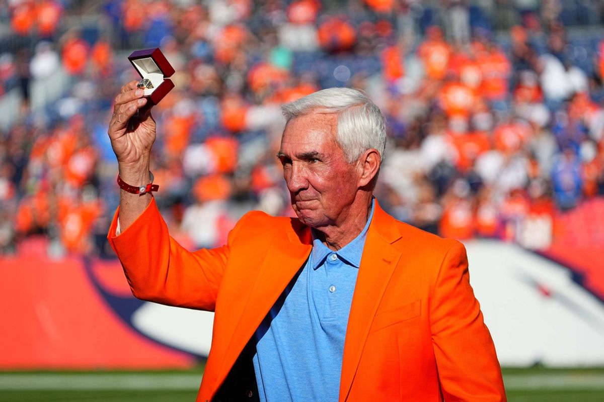 Former Denver Broncos head coach Mike Shanahan during a recognition ceremony at Mile High. Mandatory Credit: Ron Chenoy-Imagn Images