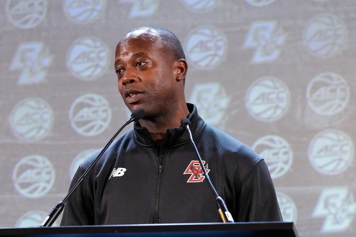 Oct 25, 2023; Charlotte, NC, USA; Boston College coach Earl Grant speaks to the media during the ACC Tipoff at Hilton Charlotte Uptown.