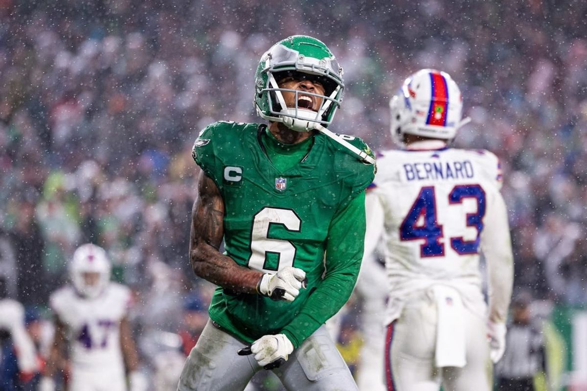 Nov 26, 2023; Philadelphia, Pennsylvania, USA; Philadelphia Eagles wide receiver DeVonta Smith (6) reacts after his touchdown catch against the Buffalo Bills during the fourth quarter at Lincoln Financial Field.