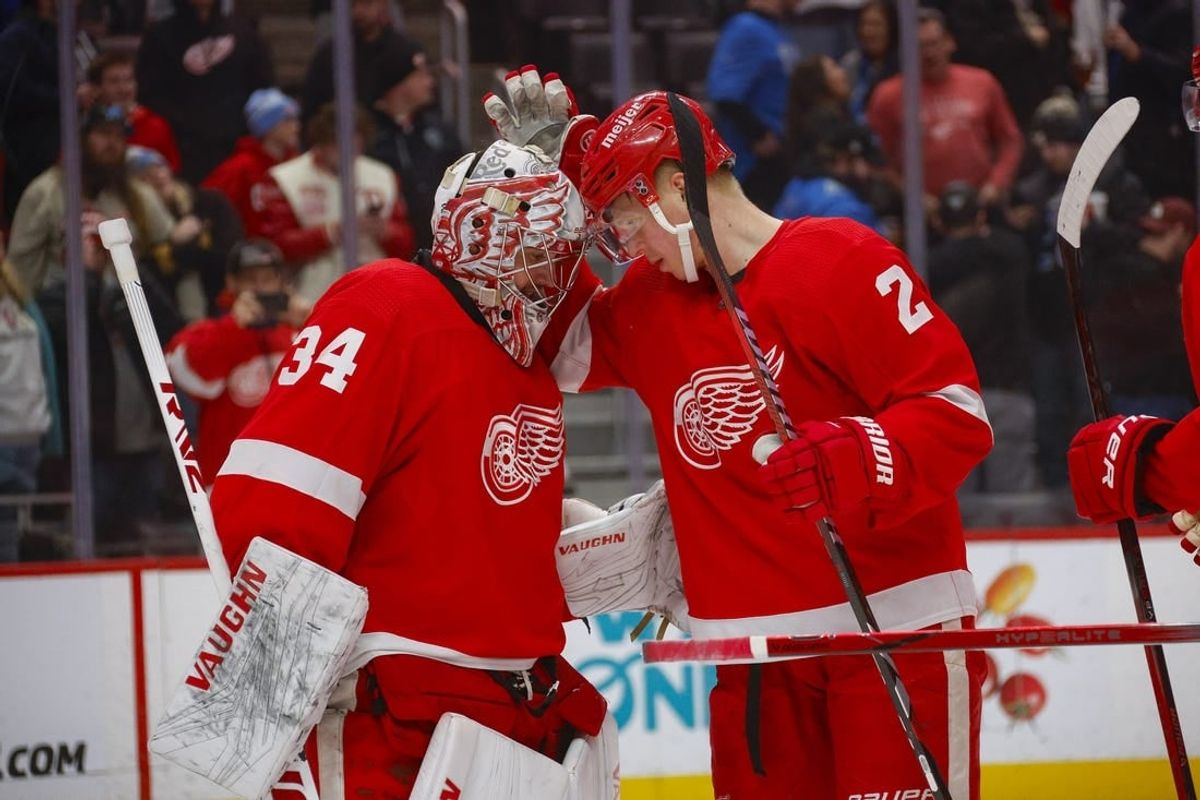 Jan 21, 2024; Detroit, Michigan, USA; Detroit Red Wings goaltender Alex Lyon (34) is congratulated by Detroit Red Wings defenseman Olli Maatta (2) at the end of the game against the Tampa Bay Lightning at Little Caesars Arena.