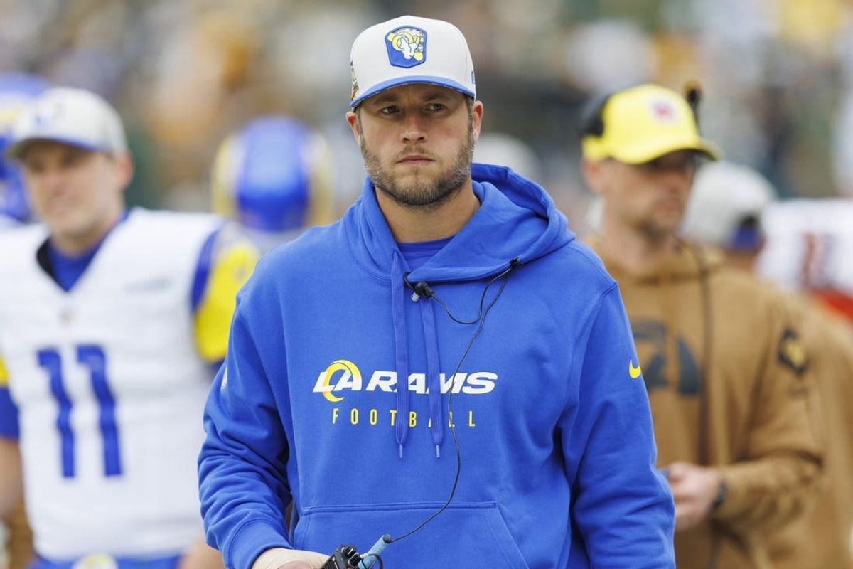 Nov 5, 2023; Green Bay, Wisconsin, USA;  Los Angeles Rams quarterback Matthew Stafford looks on from the sidelines prior to the game against the Green Bay Packers at Lambeau Field.