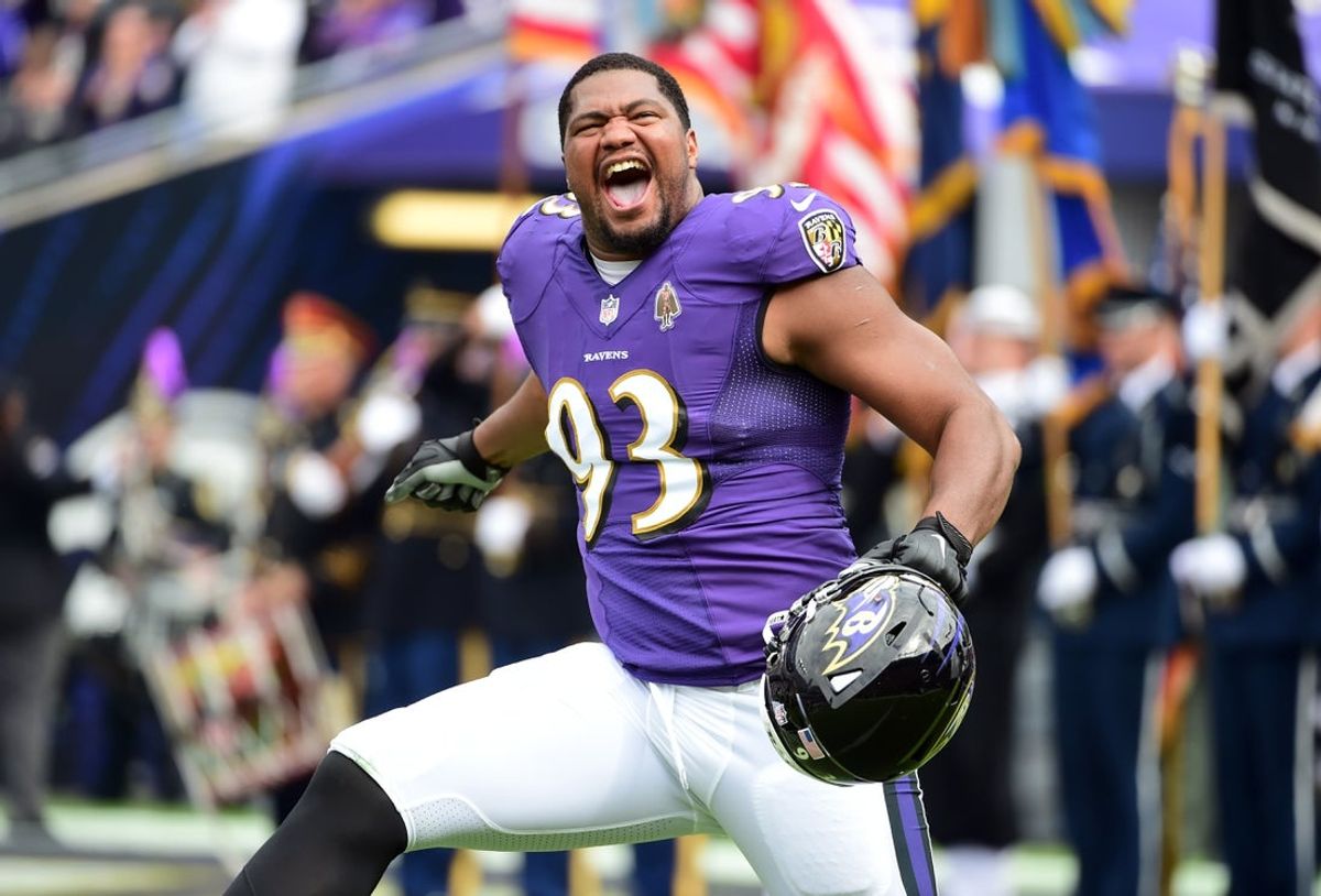Oct 24, 2021; Baltimore, Maryland, USA; Baltimore Ravens defensive end Calais Campbell (93) runs onto the field prior to the game against the Cincinnati Bengals at M&T Bank Stadium. Mandatory Credit: Evan Habeeb-Imagn Images