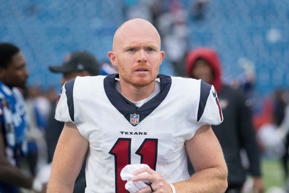 Oct 3, 2021; Orchard Park, New York, USA; Houston Texans punter Cameron Johnston (11)  leaves the field after a game against the Buffalo Bills at Highmark Stadium. Mandatory Credit: Mark Konezny-Imagn Images