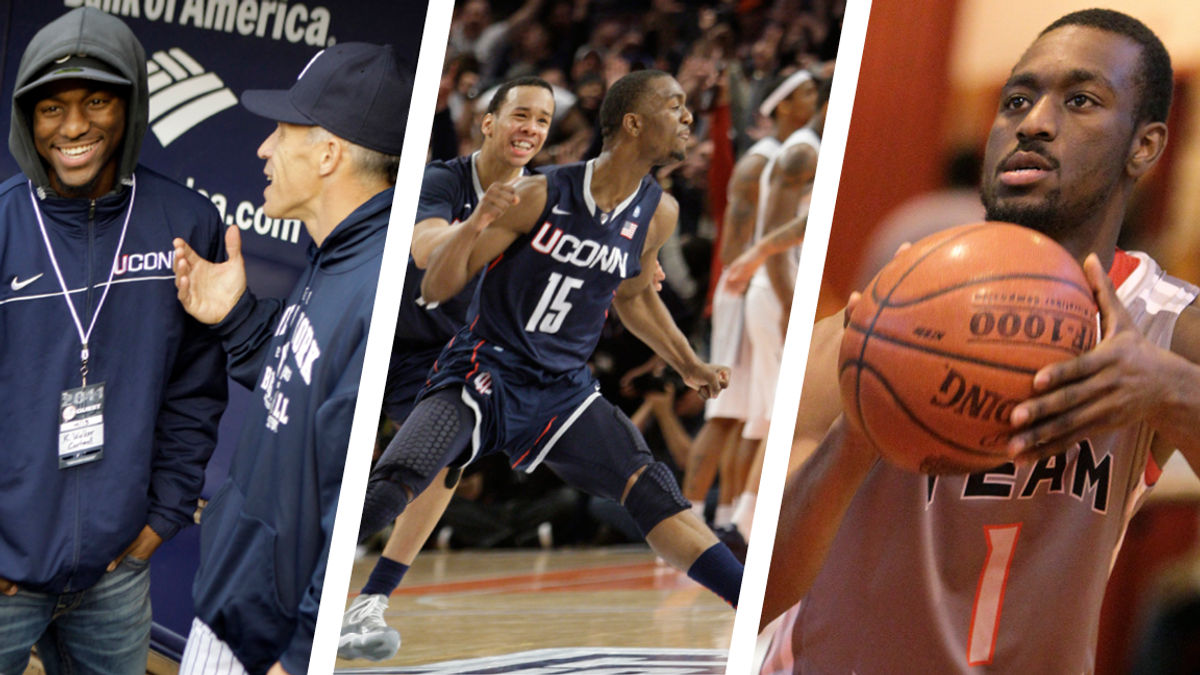 From left to right, Kember Walker with Joe Girardi in 2011, Walker hitting the winner for UConn in the Big East tourney in 2011, and Walker with the Charlotte Bobcats, warming up before an exhibition game against Brooklyn’s Boys and Girls High School alumni in 2011.