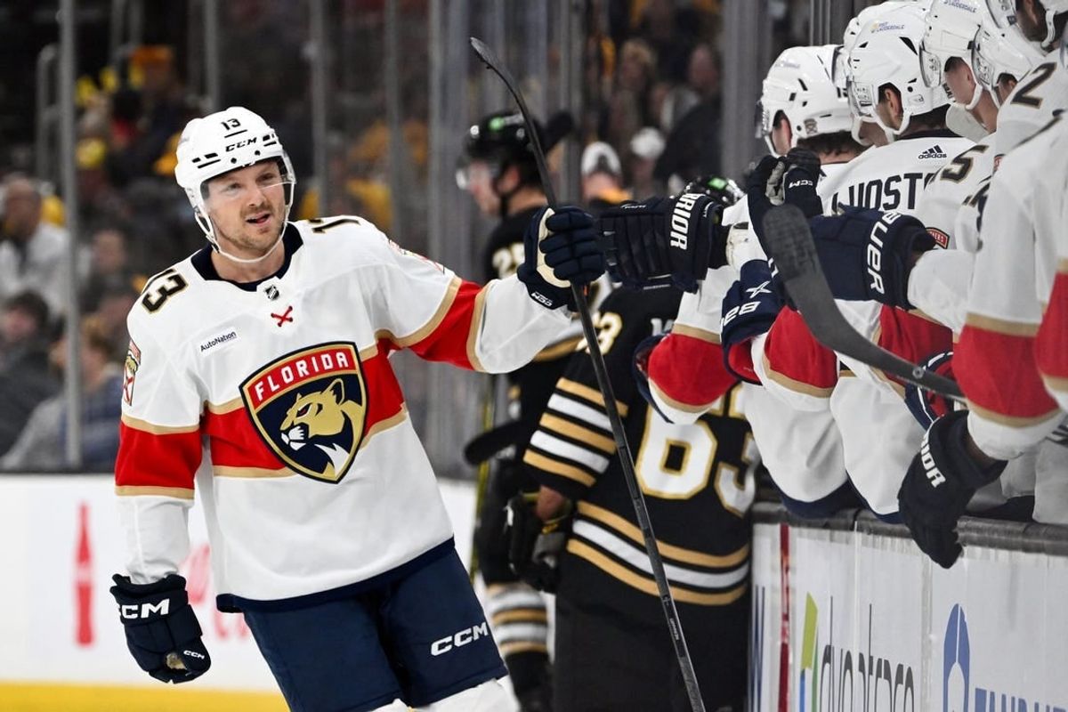 Oct 30, 2023; Boston, Massachusetts, USA; Florida Panthers center Sam Reinhart (13) celebrates with his teammates after scoring a goal against the Boston Bruins during the first period at the TD Garden.