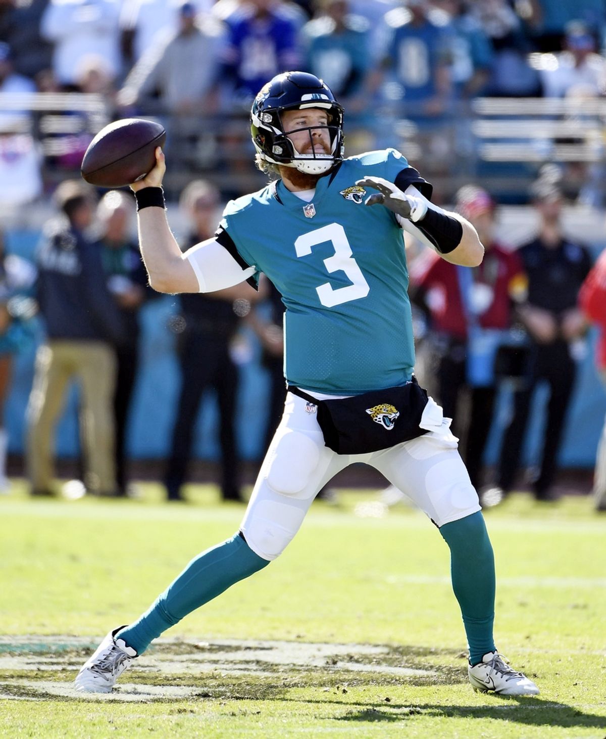 Nov 7, 2021; Jacksonville, Florida, USA; Jacksonville Jaguars quarterback CJ Beathard (3) throws the ball during the game against the Buffalo Bills at TIAA Bank Field. Mandatory Credit: Melina Myers-Imagn Images