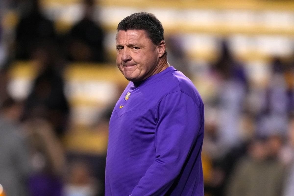 Nov 13, 2021; Baton Rouge, Louisiana, USA; LSU Tigers head coach Ed Orgeron reacts during the game against the Arkansas Razorbacks at Tiger Stadium. Mandatory Credit: Kirby Lee-Imagn Images