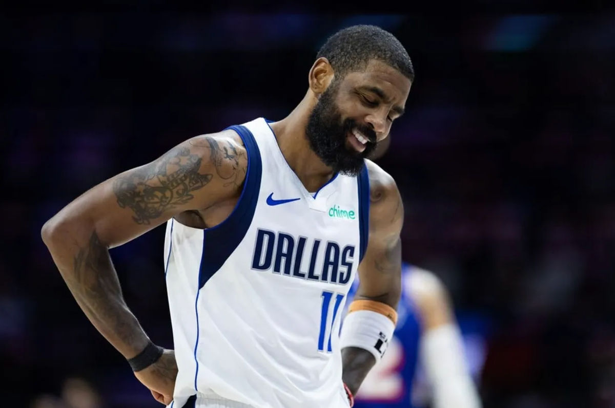 Feb 5, 2024; Philadelphia, Pennsylvania, USA; Dallas Mavericks guard Kyrie Irving (11) reacts after a foul call during the fourth quarter against the Philadelphia 76ers at Wells Fargo Center. credits: Bill Streicher-USA TODAY Sports