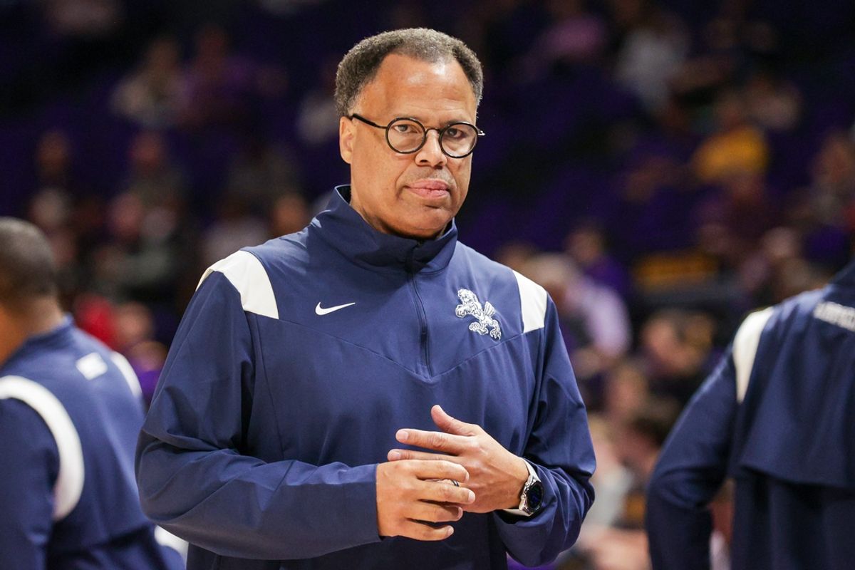Nov 15, 2021; Baton Rouge, Louisiana, USA;  Liberty Flames head coach Ritchie McKay looks on against LSU Tigers during the first half at Pete Maravich Assembly Center. Mandatory Credit: Stephen Lew-Imagn Images