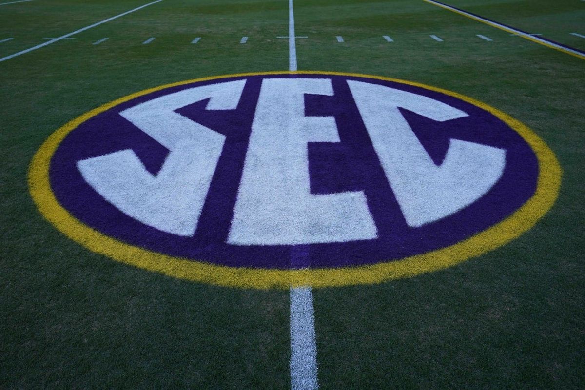 Nov 13, 2021; Baton Rouge, Louisiana, USA; A detailed view of the Southeastern Conference SEC logo at Tiger Stadium.  Mandatory Credit: Kirby Lee-Imagn Images