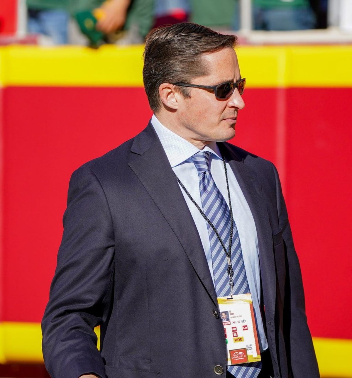 Nov 7, 2021; Kansas City, Missouri, USA; Green Bay Packers chief operating officer Ed Policy walks on field against the Kansas City Chiefs before the game at GEHA Field at Arrowhead Stadium. Mandatory Credit: Denny Medley-USA TODAY Sports