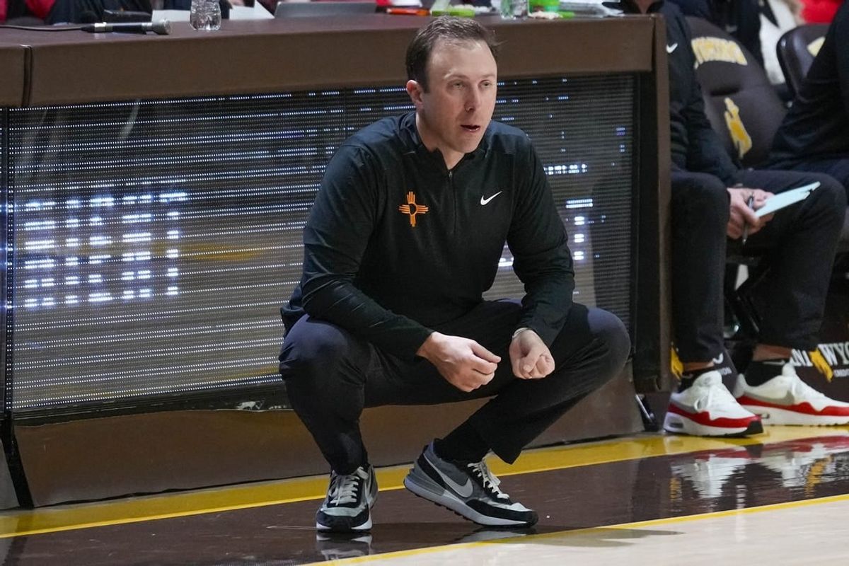 Feb 6, 2024; Laramie, Wyoming, USA; New Mexico Lobos head coach Richard Pitino reacts against the Wyoming Cowboys during the second half at Arena-Auditorium.