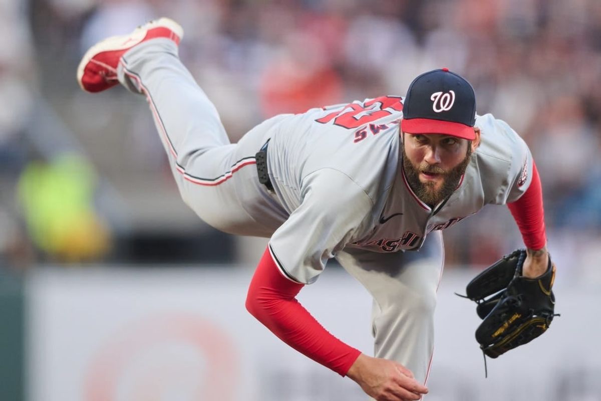 Apr 8, 2024; San Francisco, California, USA; Washington Nationals starting pitcher Trevor Williams (32) throws a pitch against the San Francisco Giants during the first inning at Oracle Park.