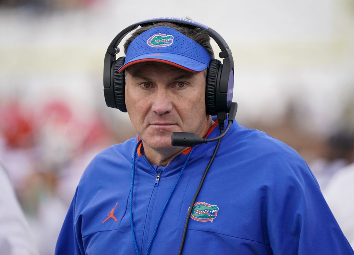 Nov 20, 2021; Columbia, Missouri, USA; Florida Gators head coach Dan Mullen on the sidelines against the Missouri Tigers during the first half at Faurot Field at Memorial Stadium. Mandatory Credit: Denny Medley-Imagn Images