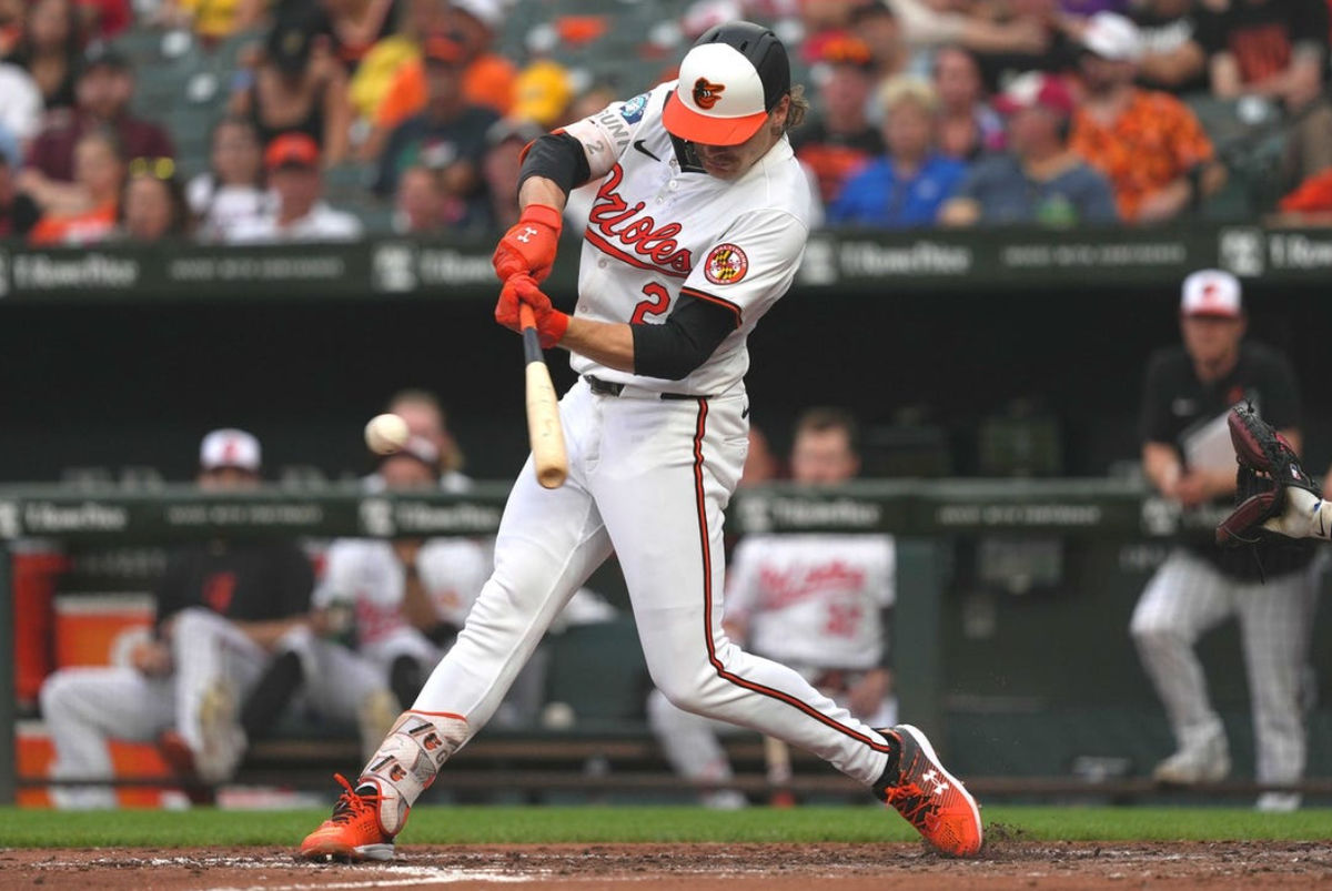 Baltimore Orioles superstar Gunnar Henderson swings the bat. PHOTO USA Today Sports Images