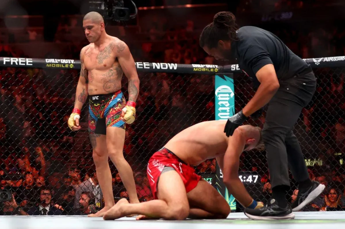 Jun 29, 2024; Las Vegas, Nevada, USA; Alex Pereira (red gloves) reacts after defeating Jiri Prochazka (blue gloves) during UFC 303 at T-Mobile Arena. Mandatory Credit: Mark J. Rebilas-USA TODAY Sports