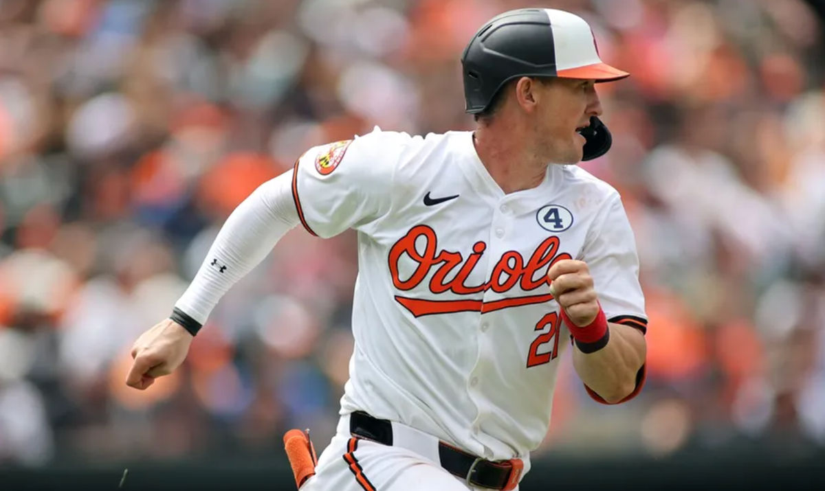 Jun 2, 2024; Baltimore, Maryland, USA; Baltimore Orioles outfielder Austin Hays (21) runs toward first base during the fifth inning against the Tampa Bay Rays at Oriole Park at Camden Yards. Mandatory Credit: Daniel Kucin Jr.-USA TODAY Sports