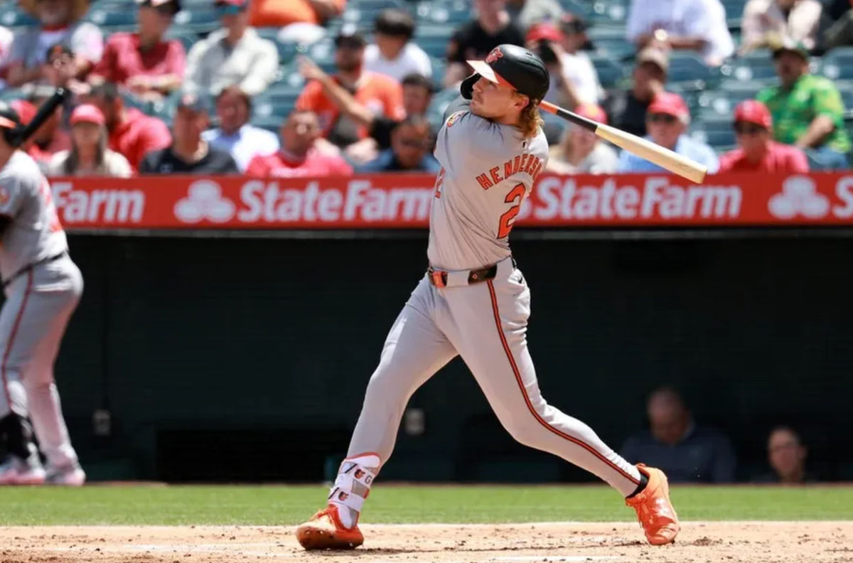 Apr 24, 2024; Anaheim, California, USA; Baltimore Orioles shortstop Gunnar Henderson (2) hits a home run during the third inning against the Los Angeles Angels at Angel Stadium. credits: Kiyoshi Mio-USA TODAY Sports