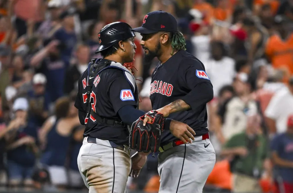 Jun 25, 2024; Baltimore, Maryland, USA; Cleveland Guardians pitcher Emmanuel Clase (48) celebrates with Cleveland Guardians catcher Bo Naylor (23) after the game against the Baltimore Orioles at Oriole Park at Camden Yards. Mandatory Credit: Tommy Gilligan-USA TODAY Sports