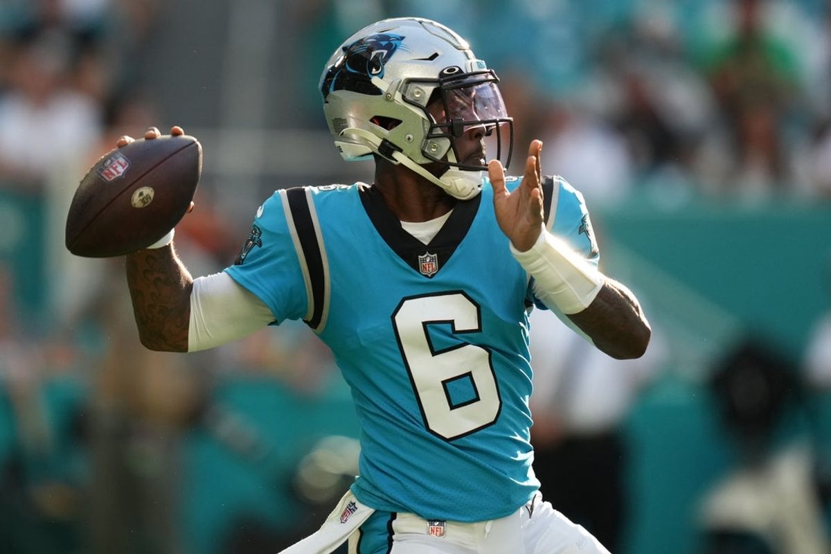 Nov 28, 2021; Miami Gardens, Florida, USA; Carolina Panthers quarterback P.J. Walker (6) attempts a pass against the Miami Dolphins during the second half at Hard Rock Stadium. Mandatory Credit: Jasen Vinlove-Imagn Images