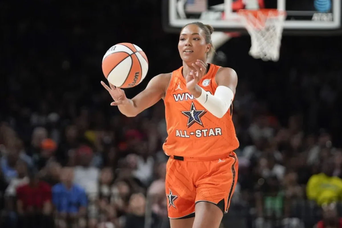 Jul 15, 2023; Las Vegas, NV, USA; Team Stewart frontcourt Napheesa Collier (24) passes the ball against Team Wilson during the first half in the 2023 WNBA All-Star Game at Michelob Ultra Arena. Mandatory Credit: Lucas Peltier-USA TODAY Sports