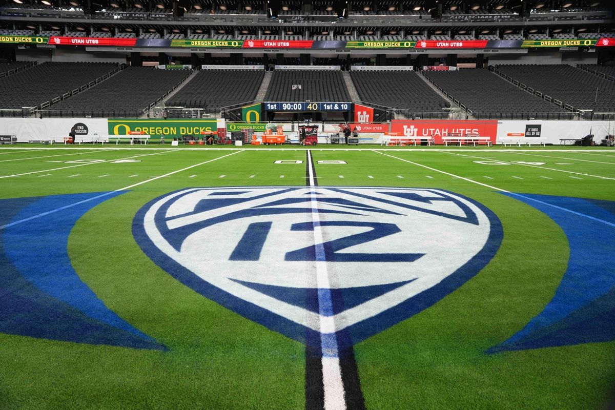 Dec 3, 2021; Las Vegas, NV, USA; A detailed view of the Pac-12 Conference logo at midfield at Allegiant Stadium before the 2021 Pac-12 Championship Game between the Oregon Ducks and the Utah Utes. Mandatory Credit: Kirby Lee-Imagn Images