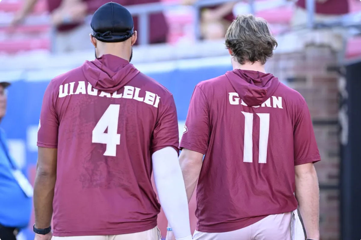 Sep 28, 2024; Dallas, Texas, USA; Florida State Seminoles quarterback DJ Uiagalelei (4) and quarterback Brock Glenn (11) before the game between the Southern Methodist Mustangs and the Florida State Seminoles at Gerald J. Ford Stadium. Mandatory Credit: Jerome Miron-Imagn Images