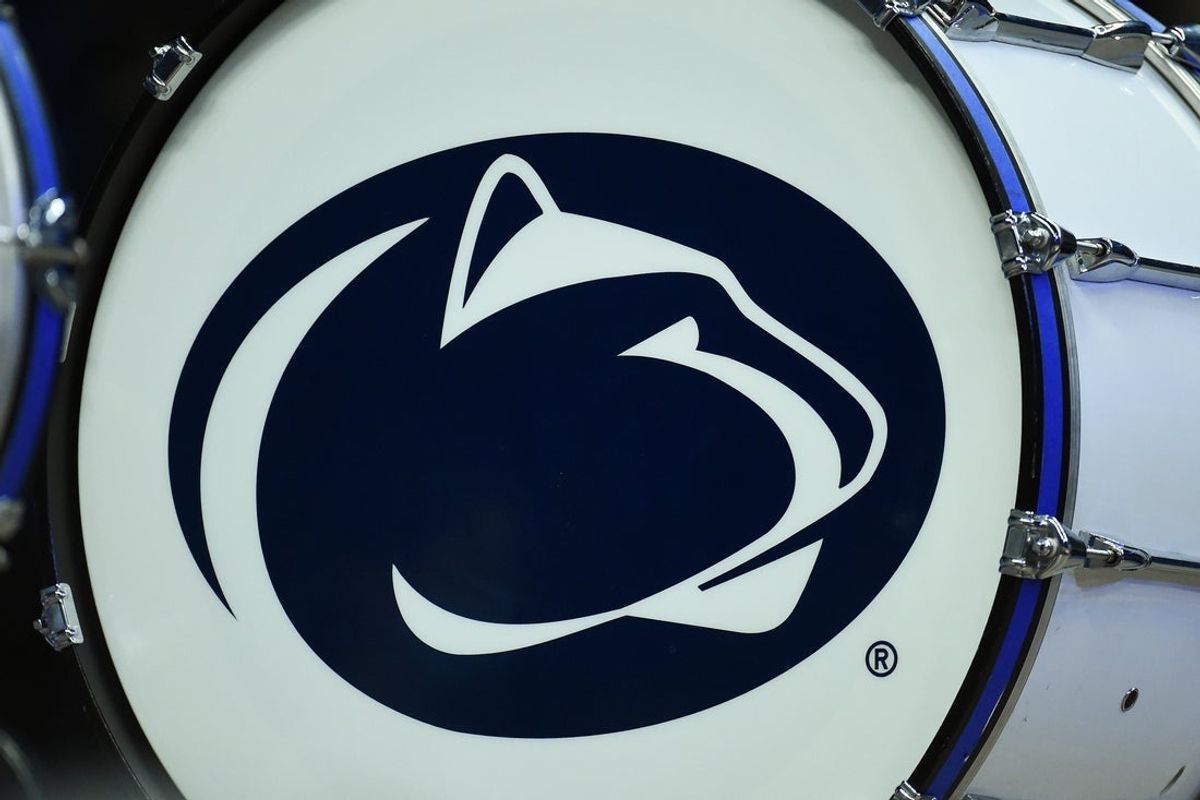 Dec 1, 2021; University Park, Pennsylvania, USA; General view of the Penn State Nittany Lions logo on a bass drum prior to the game against the Miami Hurricanes at the Bryce Jordan Center. Mandatory Credit: Rich Barnes-Imagn Images