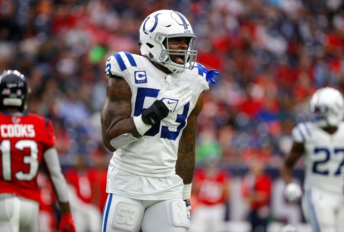 Indianapolis Colts outside linebacker Shaq Leonard (53) celebrates during a Texans' possession during the second quarter of the game Sunday, Dec. 5, 2021, at NRG Stadium in Houston.

Indianapolis Colts Versus Houston Texans On Sunday Dec 5 2021 At Nrg Stadium In Houston Texas