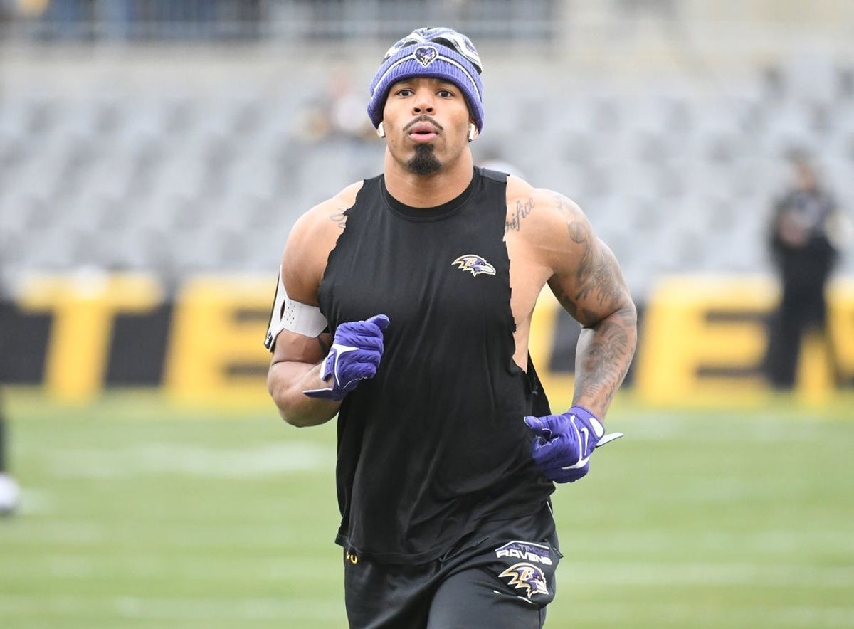 Dec 5, 2021; Pittsburgh, Pennsylvania, USA; Baltimore Ravens safety Chuck Clark (36) warms-up before they play the Pittsburgh Steelers at Heinz Field. Mandatory Credit: Philip G. Pavely-Imagn Images