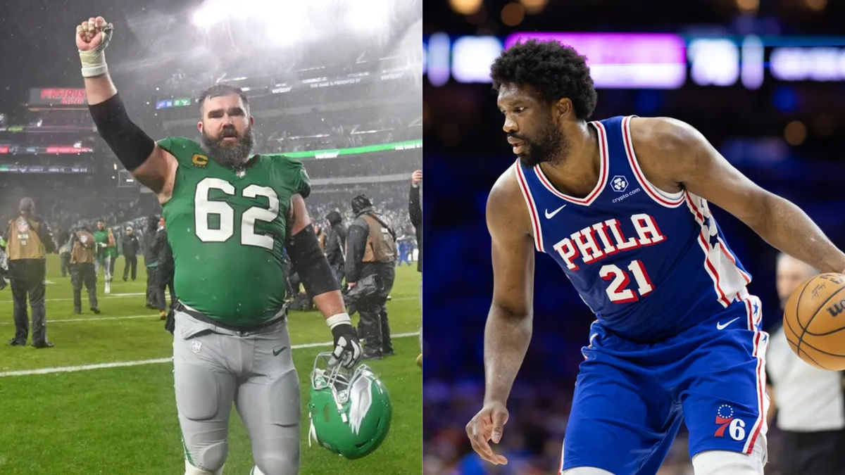 Jason Kelce (izquierda) y Joel Embiid (derecha). Crédito obligatorio de Kelce: Eric Hartline-USA TODAY Sports. Crédito obligatorio de Embiid: Bill Streicher-Imagn Images