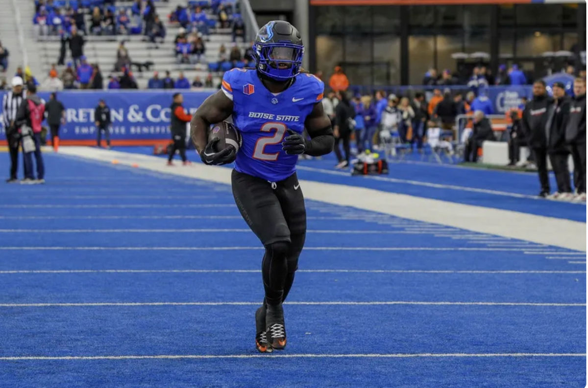 Nov 1, 2024; Boise, Idaho, USA; Boise State Broncos running back Ashton Jeanty (2) warms up before the game against the San Diego State Aztecs at Albertsons Stadium. Mandatory Credit: Brian Losness-Imagn Images