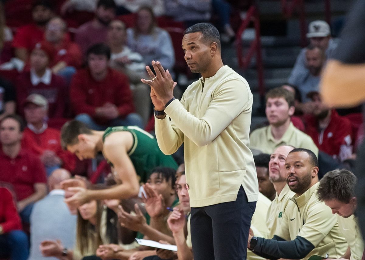Dec 7, 2021; Fayetteville, Arkansas, USA;  Charlotte 49ers head coach Ron Sanchez during the second half against the Arkansas Razorbacks at Bud Walton Arena. Arkansas won 86-66. Mandatory Credit: Brett Rojo-Imagn Images