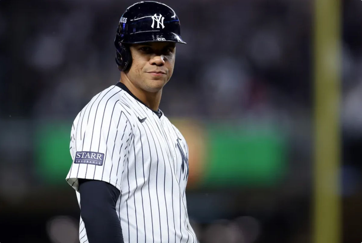 Oct 29, 2024; New York, New York, USA; New York Yankees outfielder Juan Soto (22) on third base during the first inning in game four of the 2024 MLB World Series against the Los Angeles Dodgers at Yankee Stadium. Mandatory Credit: Brad Penner-Imagn Images