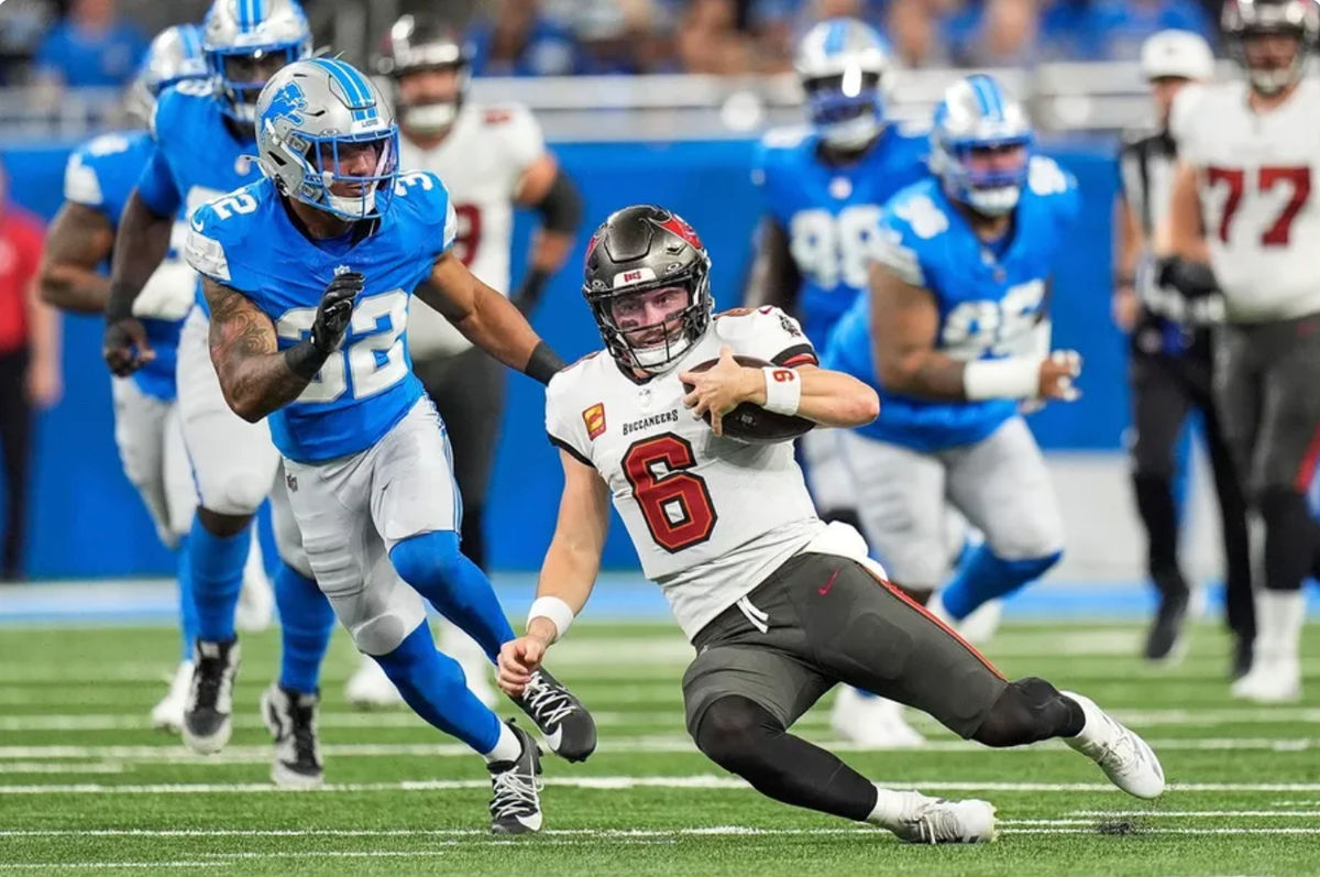 Tampa Bay Buccaneers quarterback Baker Mayfield (6) slides for a first down against Detroit Lions during the first half at Ford Field in Detroit on Sunday, September 15, 2024. PHOTO USA TODAY SPORTS IMAGES