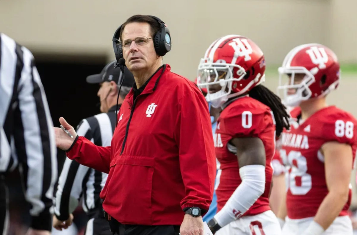 Nov 9, 2024; Bloomington, Indiana, USA; Indiana Hoosiers head coach Curt Cignetti reacts in the game against the Michigan Wolverines at Memorial Stadium. Mandatory Credit: Trevor Ruszkowski-Imagn Images