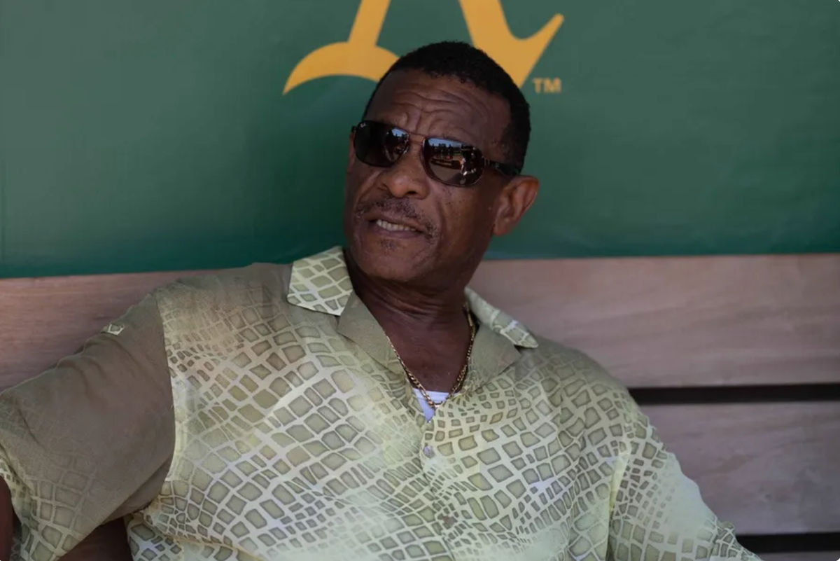 Aug 6, 2023; Oakland, California, USA; Retired baseball player Rickey Henderson before the induction of players for the Class of 2023 of the Oakland Athletics Hall of Fame. The ceremony was held before the start of the game between the Oakland Athletics and the San Francisco Giants at Oakland-Alameda County Coliseum. Mandatory Credit: Stan Szeto-Imagn Images