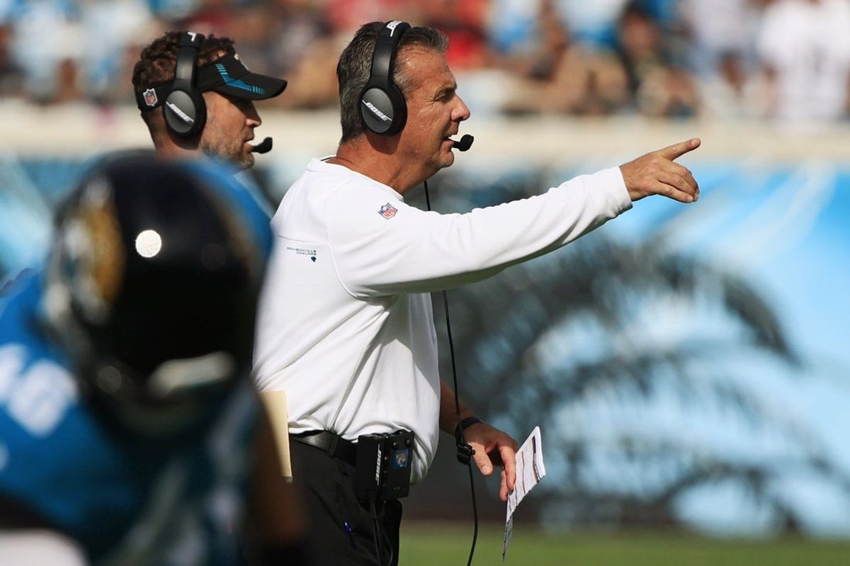 Jacksonville Jaguars head coach Urban Meyer coaches during the second quarter at TIAA Bank Field Sunday, Nov. 21, 2021 in Jacksonville. The Jacksonville Jaguars hosted the San Francisco 49ers during a regular season NFL game. [Corey Perrine/Florida Times-Union]

Jki Cp Jags 49ers 42