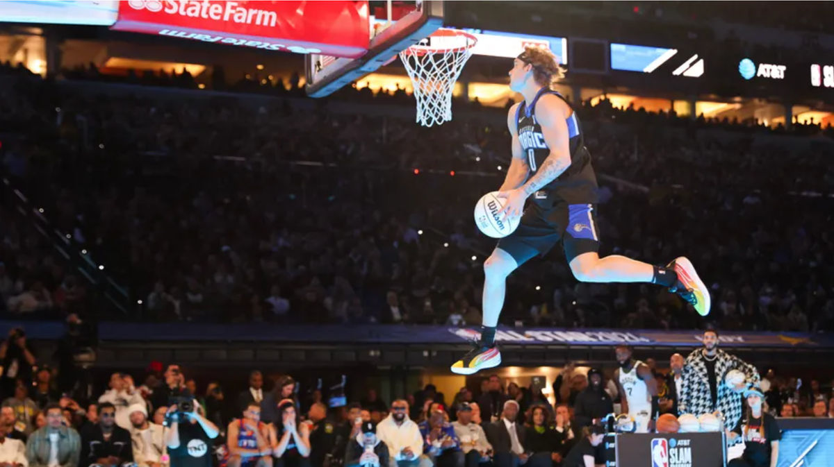 Mac McClung of the Osceola Magic participates in the 2024 AT&T Slam Dunk contest during the State Farm All-Star Saturday Night at Lucas Oil Stadium on Feb. 17, 2024, in Indianapolis. source: Getty Images