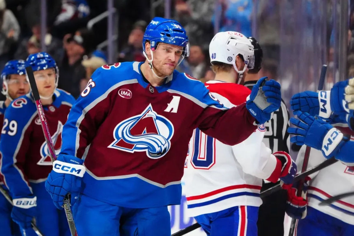Jan 4, 2025; Denver, Colorado, USA; Colorado Avalanche right wing Mikko Rantanen (96) celebrates after scoring a goal against the Montreal Canadiens in the first period at Ball Arena. Mandatory Credit: Ron Chenoy-Imagn Images