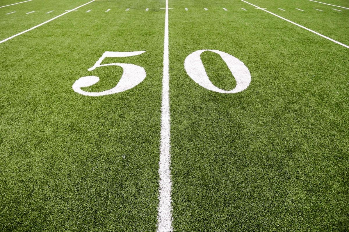 Dec 18, 2021; New Orleans, LA, USA; Detailed view of the 50 yard line before the game between the Louisiana-Lafayette Ragin Cajuns and the Marshall Thundering Herd at the  2021 New Orleans Bowl at Caesars Superdome. Mandatory Credit: Stephen Lew-Imagn Images