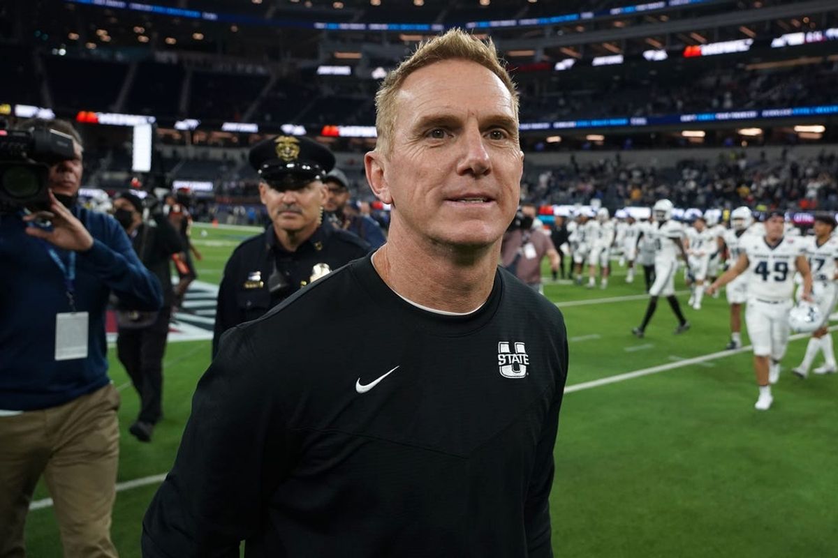 Dec 18, 2021; Inglewood, CA, USA; Utah State Aggies head coach Blake Anderson reacts after the 2021 LA Bowl against the Oregon State Beavers at SoFi Stadium. Mandatory Credit: Kirby Lee-USA TODAY Sports