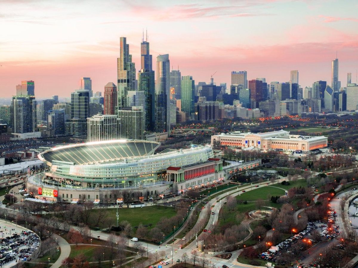 Dec 20, 2021; Chicago, Illinois, USA; In an aerial view, Soldier Field is seen before a game between the Chicago Bears and the Minnesota Vikings at Soldier Field. Mandatory Credit: Quinn Harris-Imagn Images