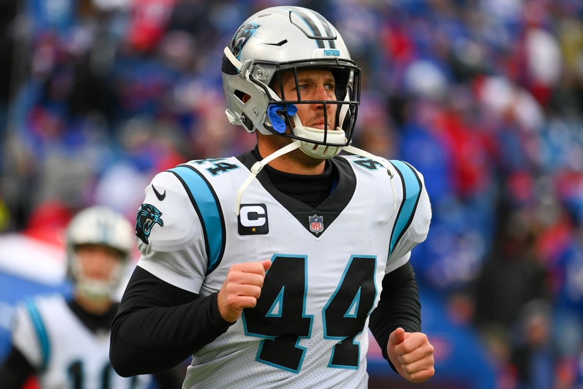 Dec 19, 2021; Orchard Park, New York, USA; Carolina Panthers long snapper J.J. Jansen (44) jogs on the field prior to the game against the Buffalo Bills at Highmark Stadium. Mandatory Credit: Rich Barnes-Imagn Images