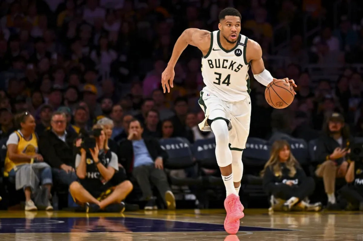 Mar 20, 2025; Los Angeles, California, USA; Milwaukee Bucks forward Giannis Antetokounmpo (34) moves the ball against the Los Angeles Lakers during the first half at Crypto.com Arena. Mandatory Credit: Jonathan Hui-Imagn Images