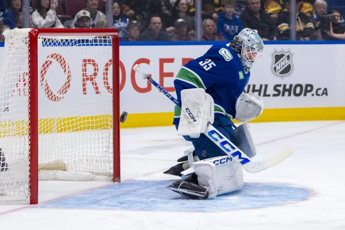 Feb 8, 2025; Vancouver, British Columbia, CAN; Vancouver Canucks goalie Thatcher Demko (35) makes a save against the Toronto Maple Leafs in the first period at Rogers Arena. Mandatory Credit: Bob Frid-Imagn Images