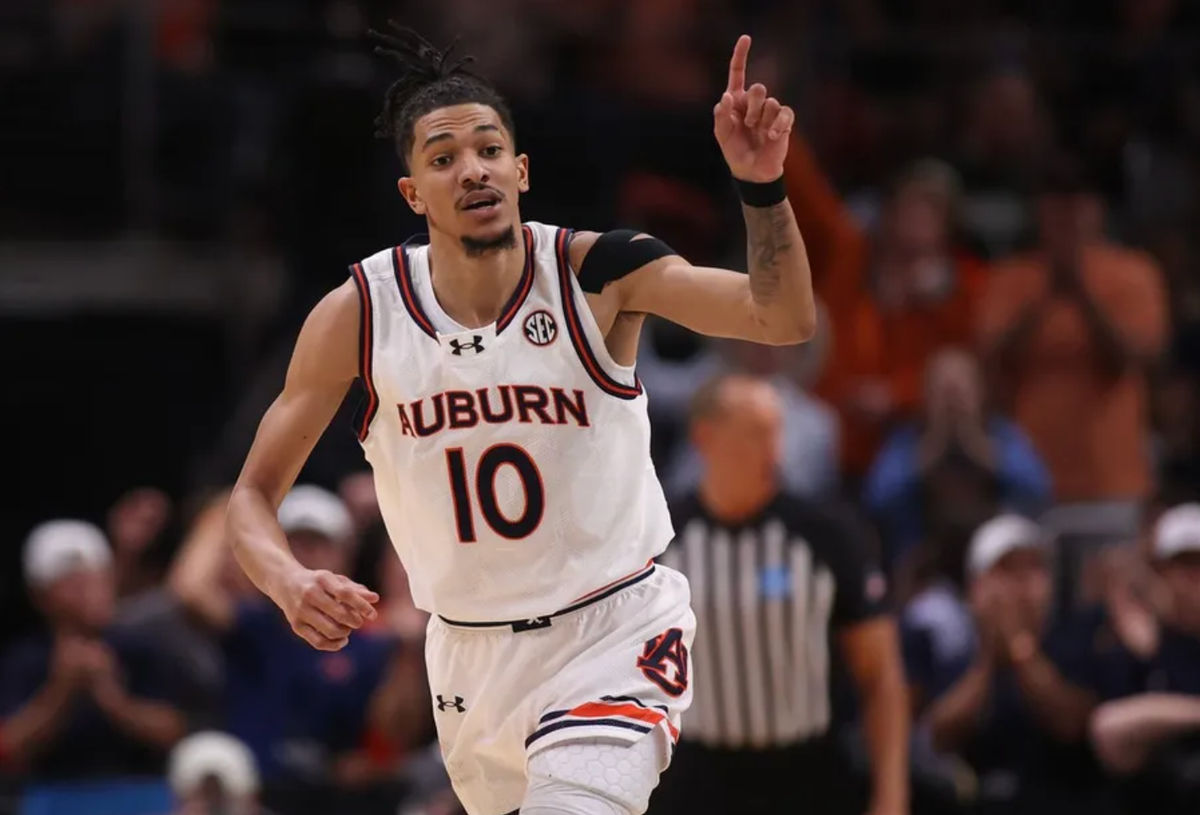 Mar 30, 2025; Atlanta, GA, USA; Auburn Tigers guard Chad Baker-Mazara (10) reacts after a play during the second half in the South Regional final of the 2025 NCAA tournament against the Michigan State Spartans at State Farm Arena. Mandatory Credit: Brett Davis-Imagn Images